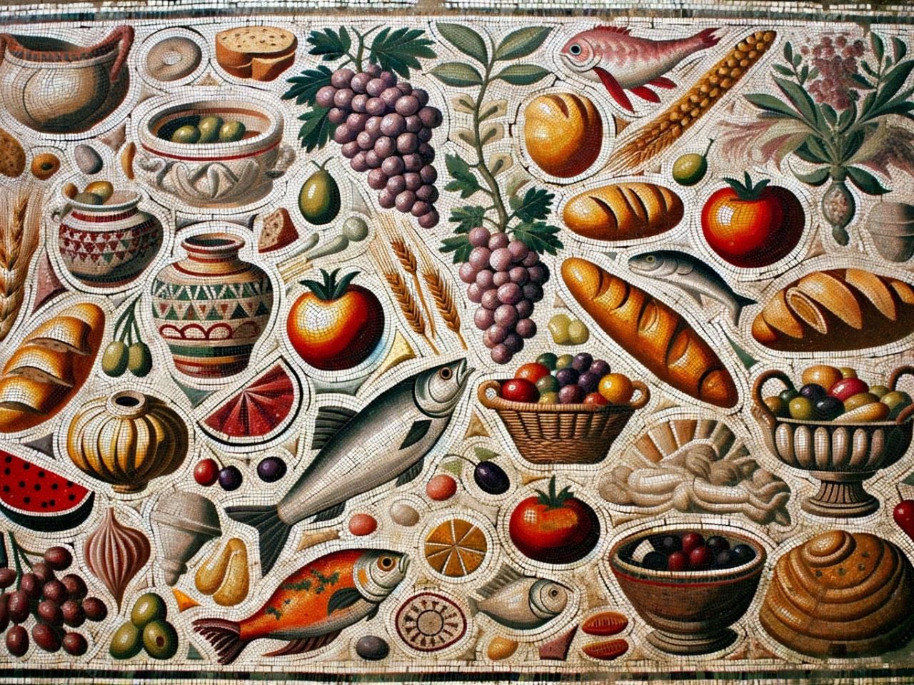 Ancient Roman mosaic art showcasing a variety of foods from the era, such as olives, grapes, bread, and fish, arranged intricately with tiny colored tiles. Image by DALL-E