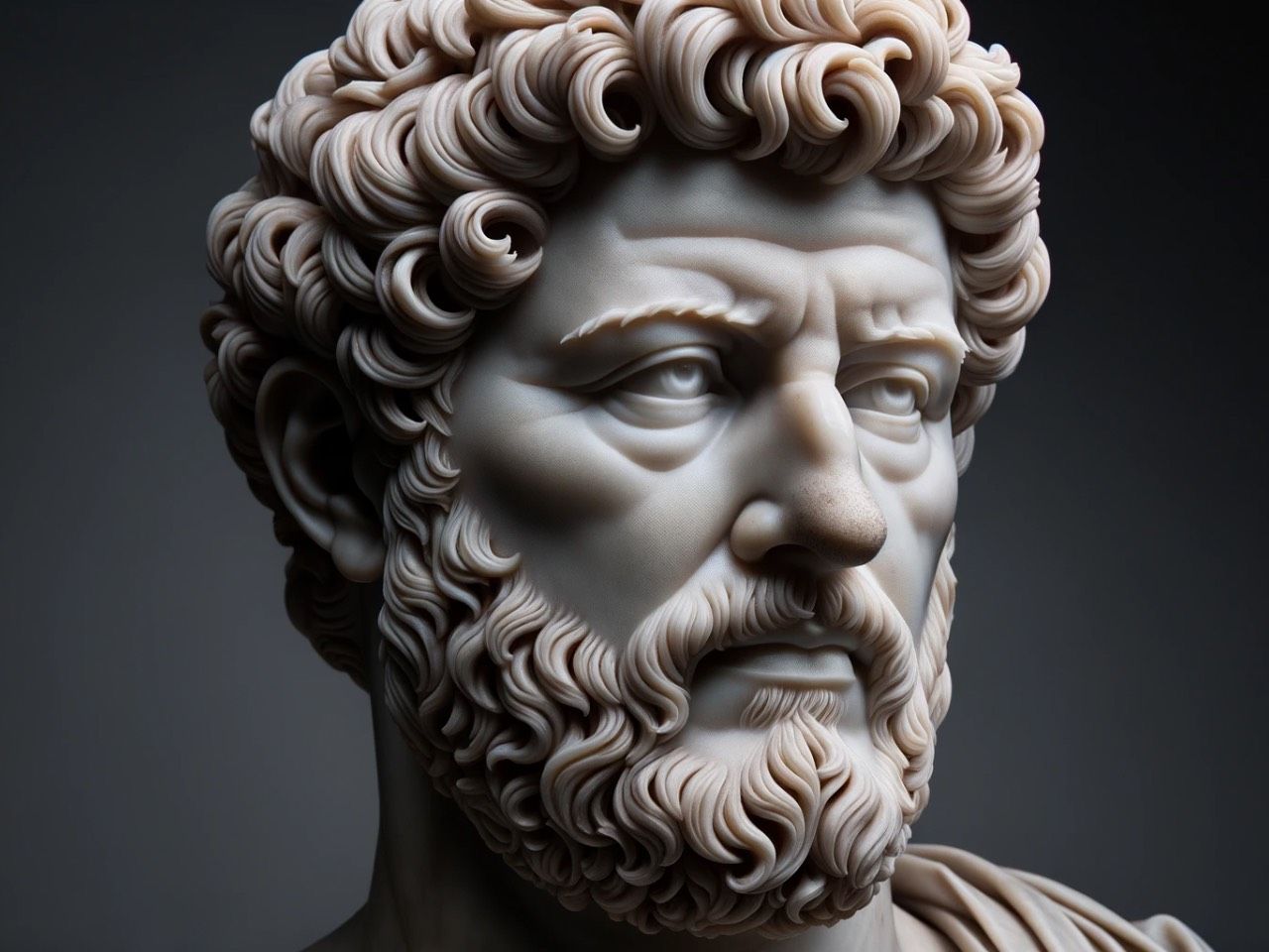 Sculpture bust of Marcus Aurelius, the Roman emperor, showing his detailed facial features, with a thoughtful and noble expression.