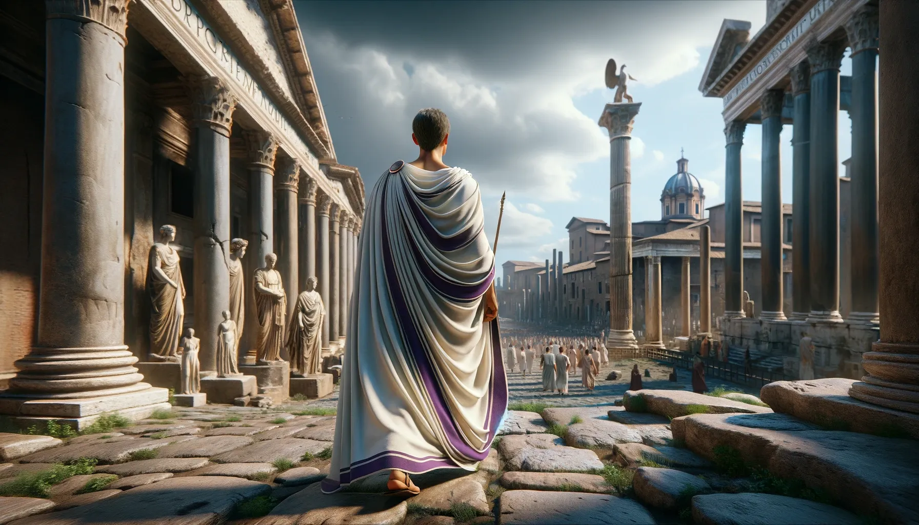 A higher-ranking official, wearing a toga praetexta and walking through the Roman Forum