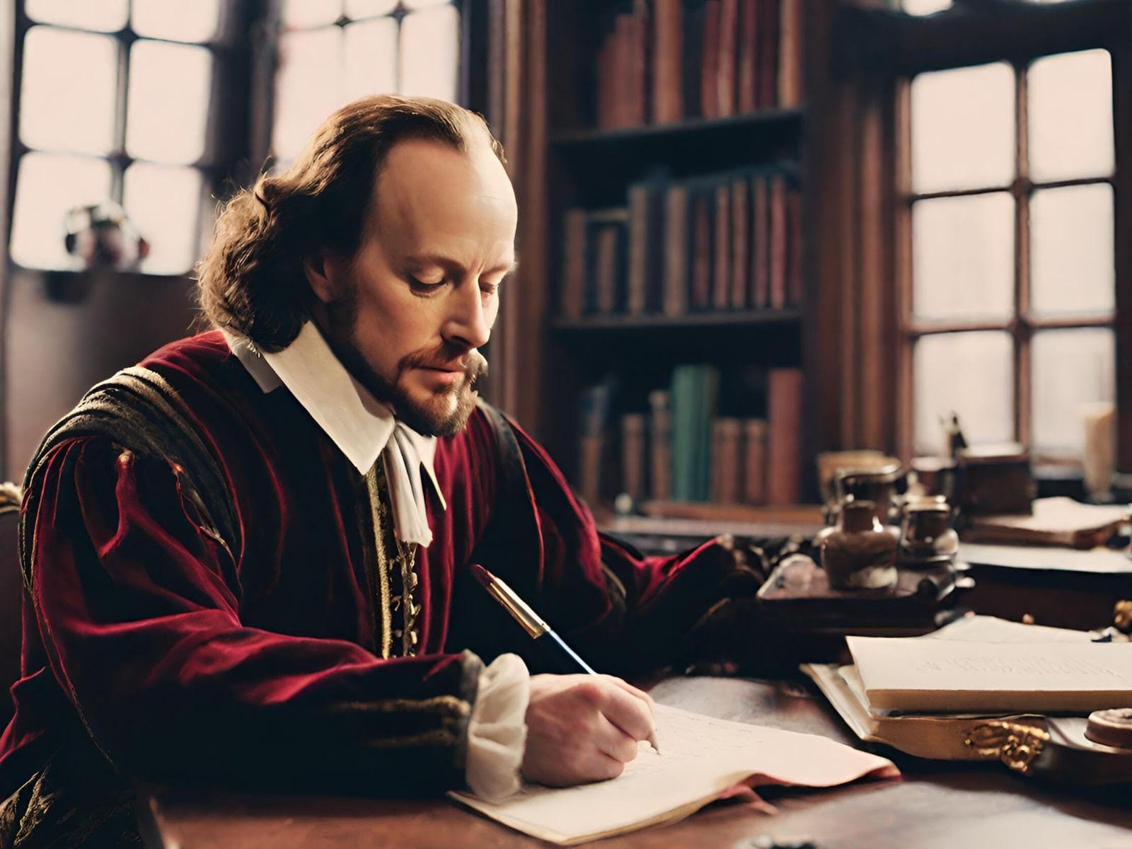William Shakespeare in his study writing Julius Caesar