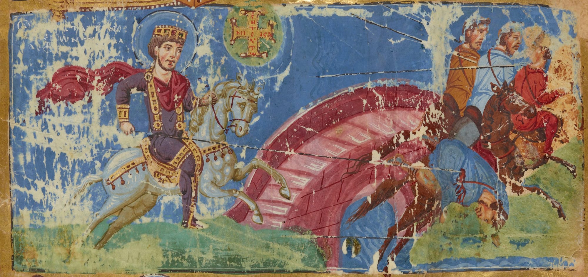 Detail from a 9th-century Byzantine manuscript. Constantine defeats Maxentius at the Milvian Bridge
