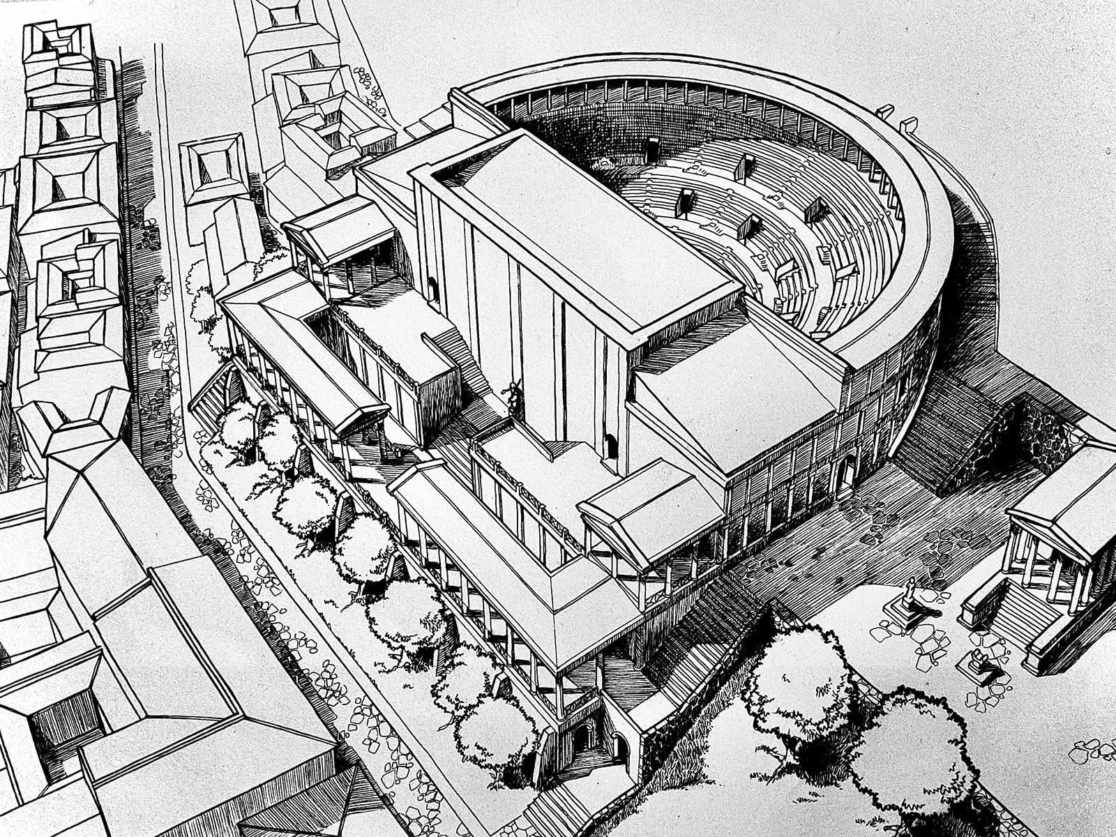A representation of the Roman theater in its full glory, via the Museum of Lisbon.