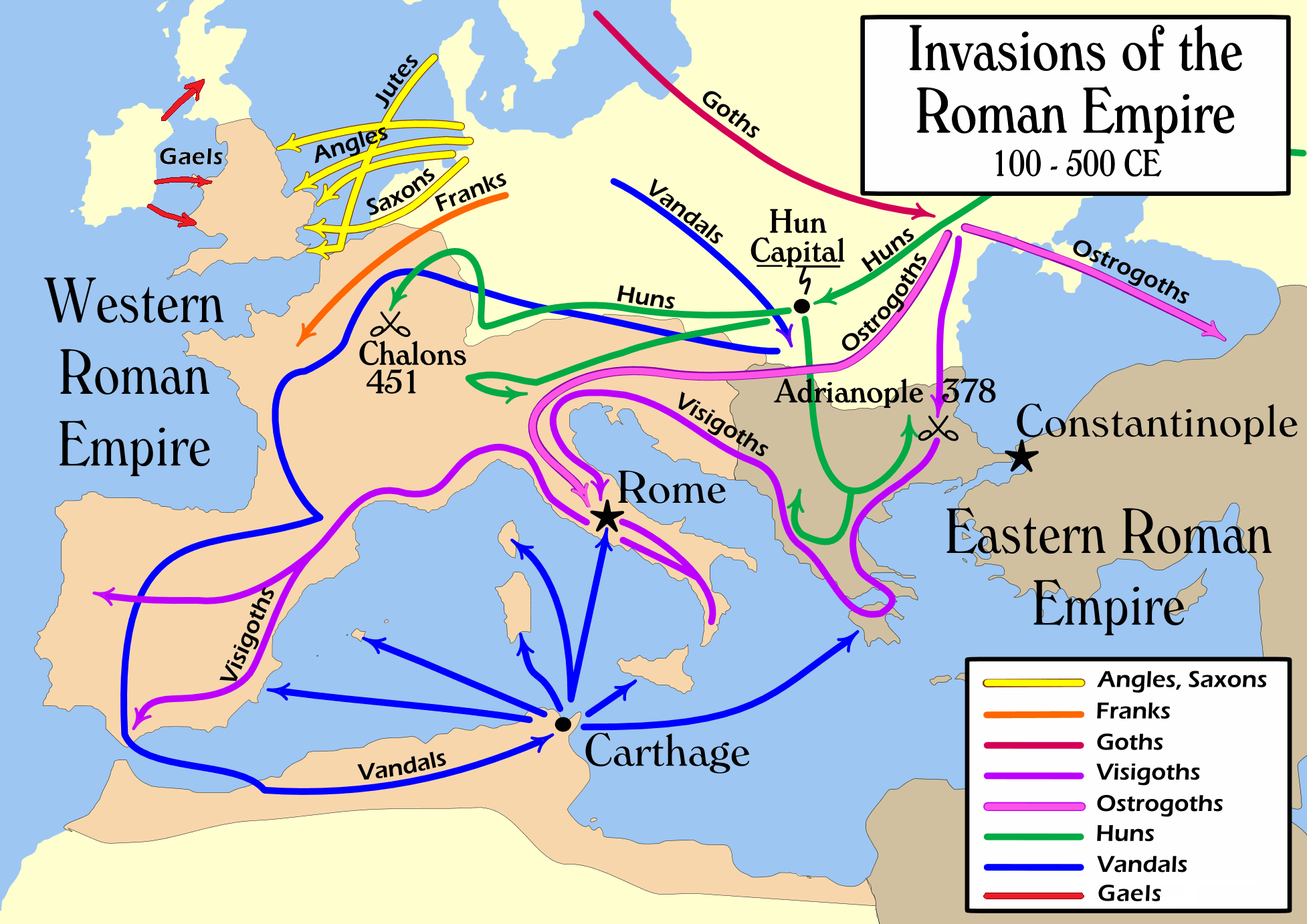 Routes taken by barbarian invaders of the Roman Empire during the Migration Period