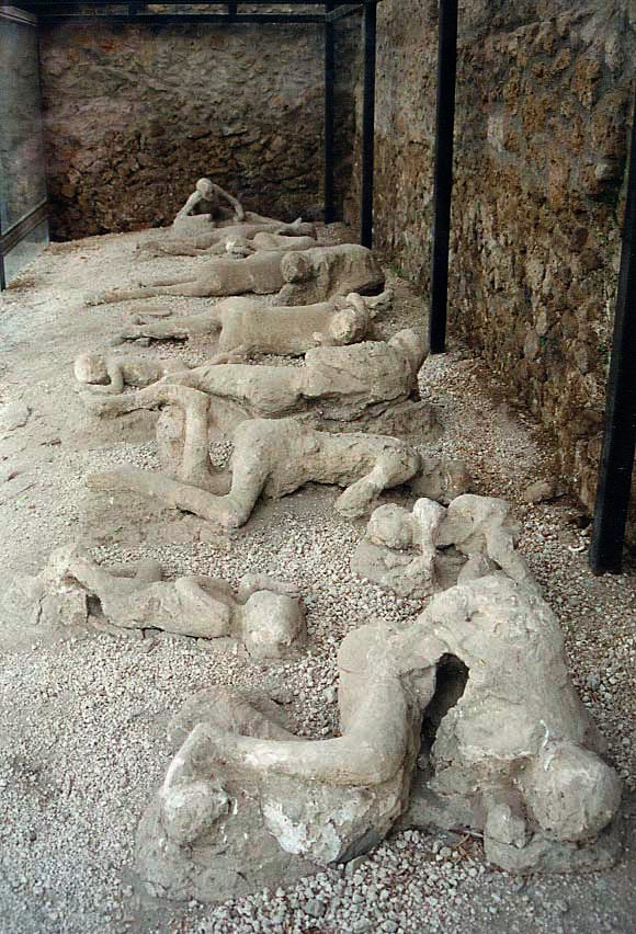 The Garden of the Fugitives: plaster casts of victims still in situ; many casts are in the Archaeological Museum of Naples.