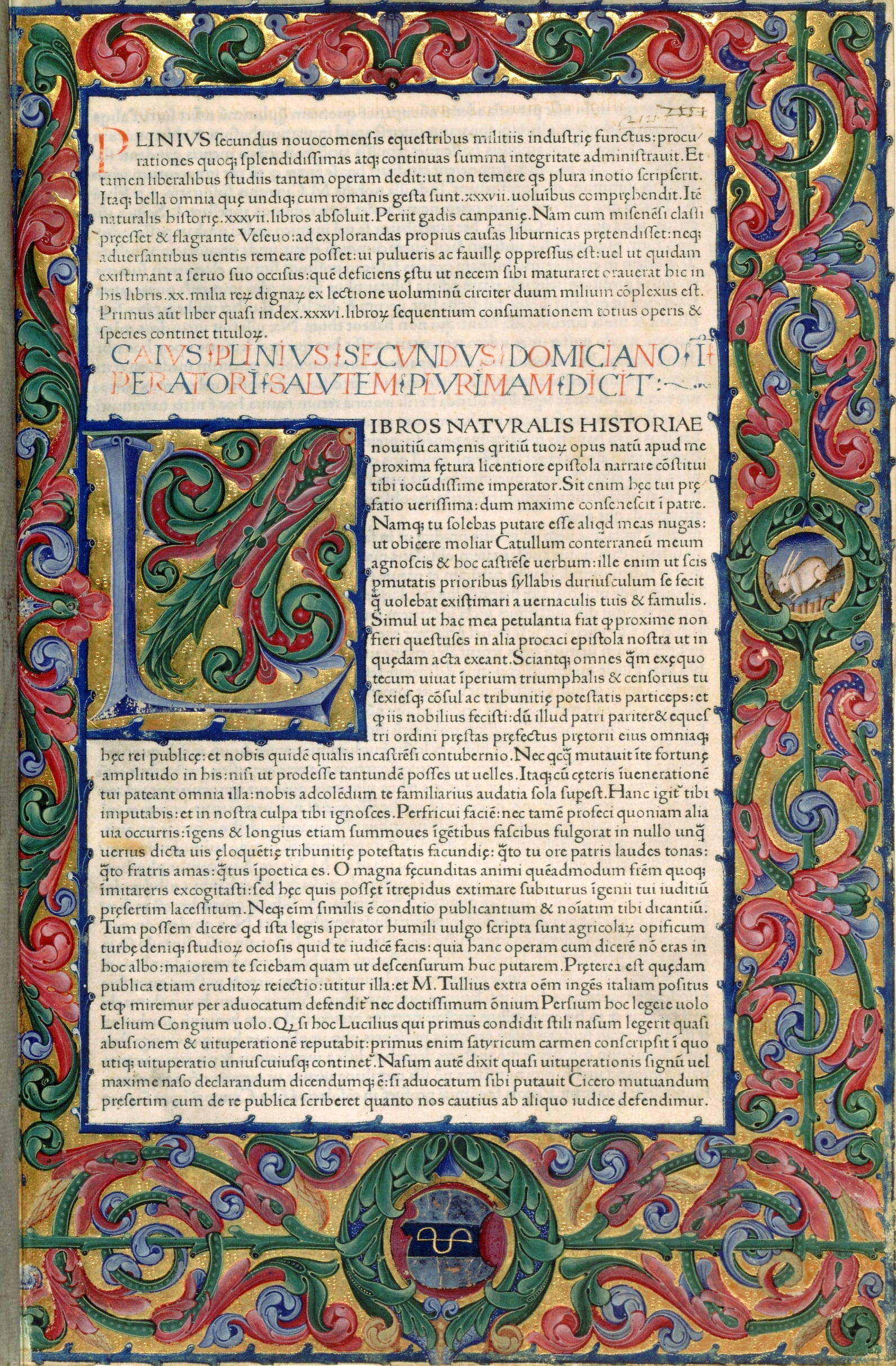 First page from the Editio Princeps of the Pliny's "Historia Naturalis" printed by Johann of Speyer. Venice, 1469. Bibliothèque Nationale de France, Réserve des livres rares, VELINS-493