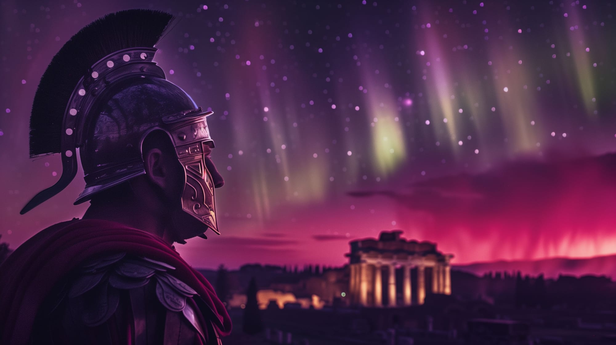 A Roman soldier staring at the wonderful spectacle of the Northern Lights appearing over a Roman city under the night sky.