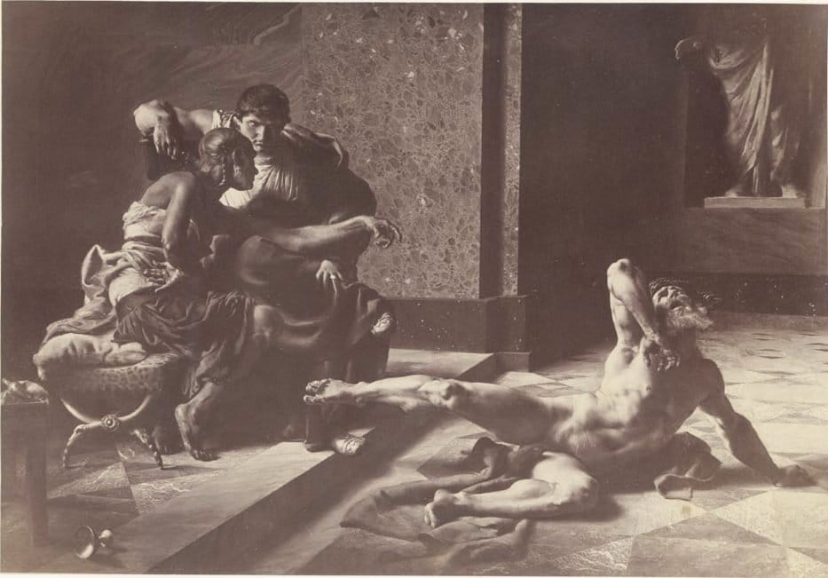 Locusta testing in Nero's presence the poison prepared for Britannicus, painting by Joseph-Noël Sylvestre, 1876.