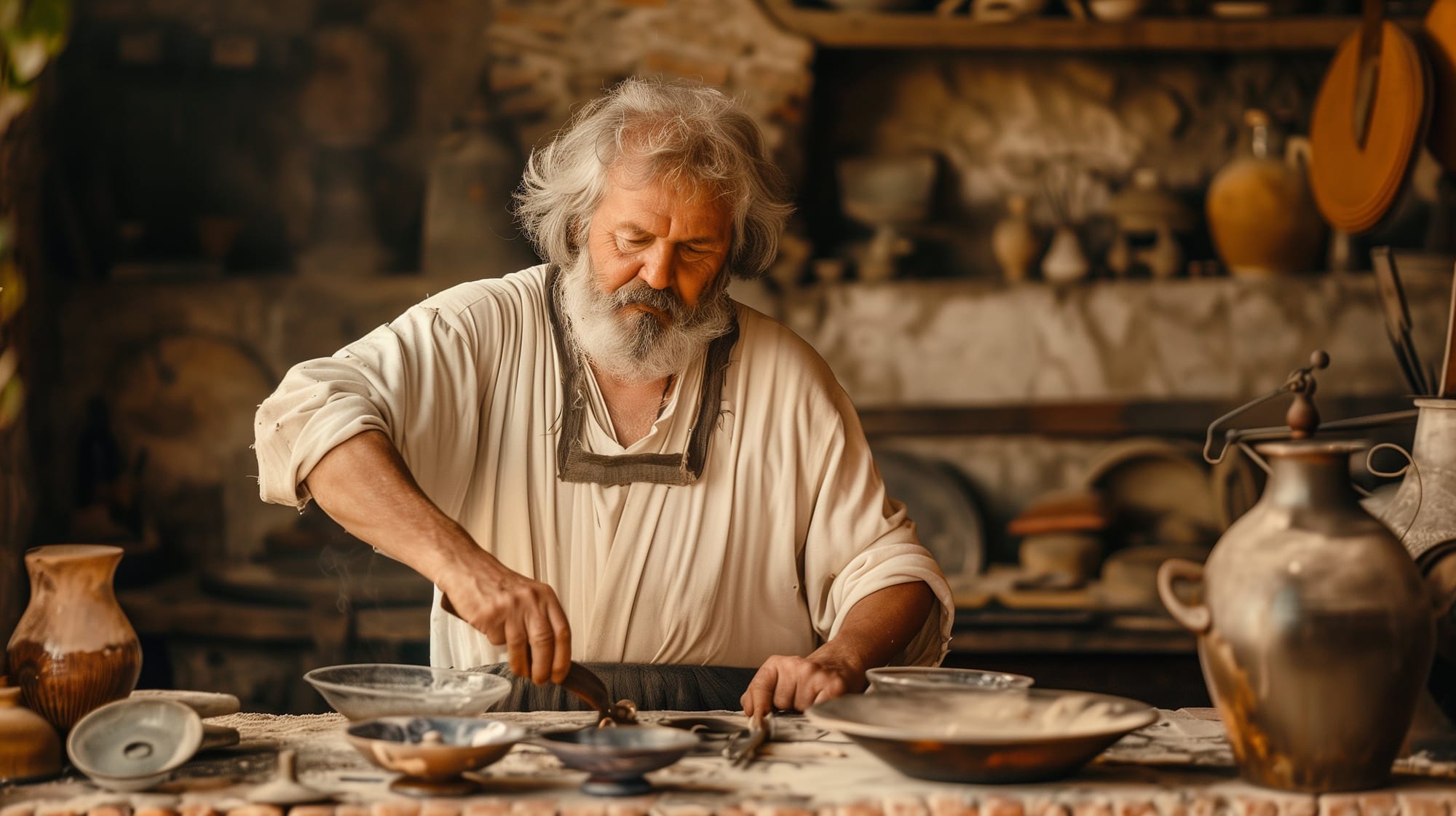 An ancient Roman glassblower at work