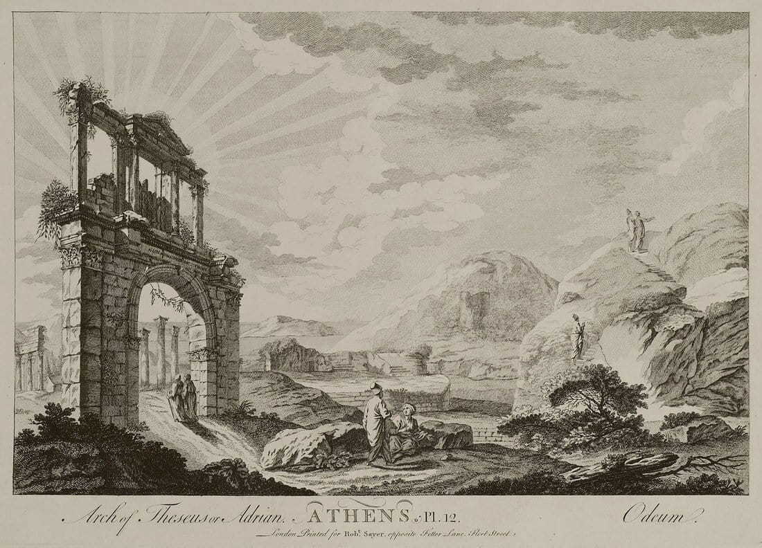 An engraving of the Arch of Theseus or Adrian, by Odeum