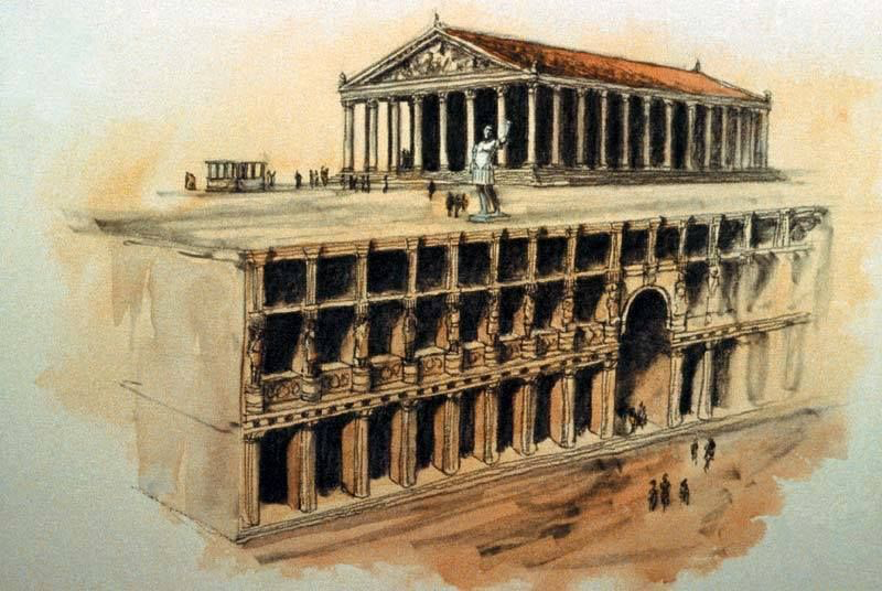 Domitian’s temple in Ephesus with his Colossus, reconstruction