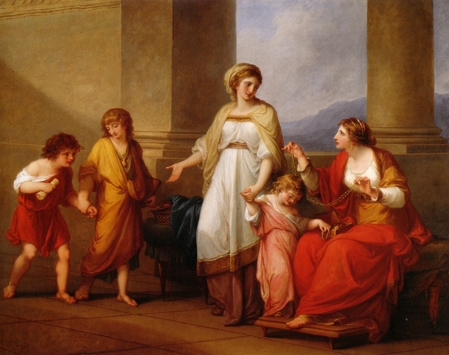 A young Sempronia (in pink) holds the hand of her mother Cornelia (in white). Cornelia, Mother of the Gracchi, Pointing to her Children as Her Treasures, by Angelica Kauffmann (1785, Virginia Museum of Fine Arts)