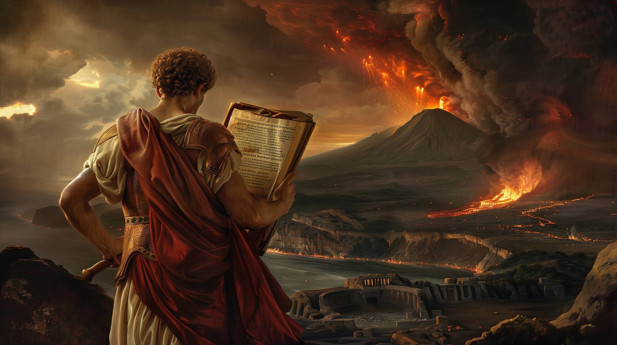 Pliny the Younger fleeing Pompeii after Vesuvius erupted, saving his scrolls and recording the incident