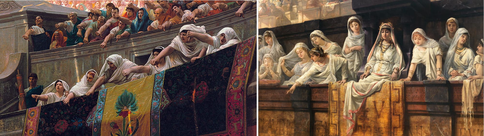 Two starkly different views by two French Academic painters of the Vestals in their front-row seats at the Roman Colosseum: Pollice Verso (Thumbs Down), 1874, by Jean-Léon Gérôme (detail; Phoenix Art Museum), and the Vestals in a painting by Louis Hector Leroux, c. 1890 (private collection).