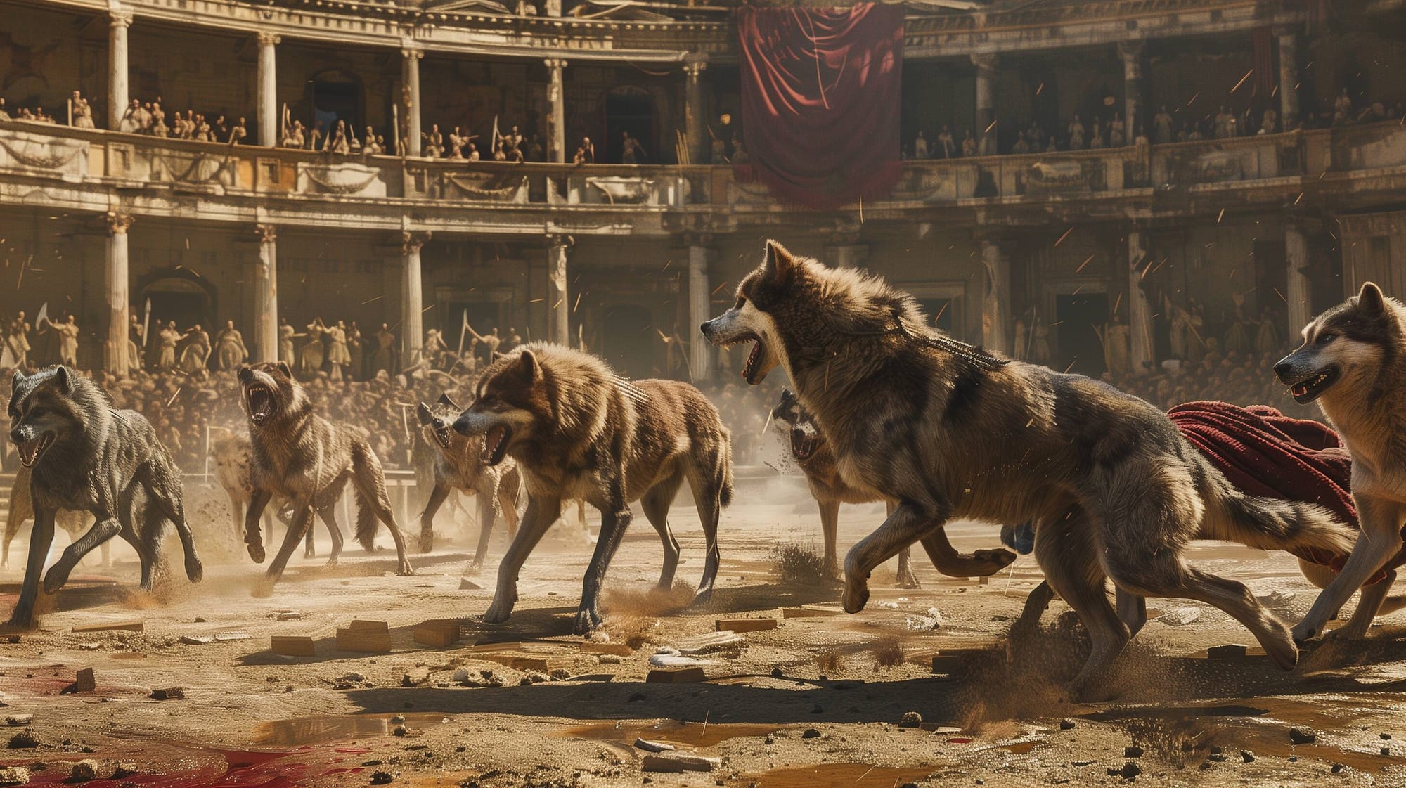 Wild dogs in a Roman arena, violently attacking Christians at the orders of Emperor Nero.
