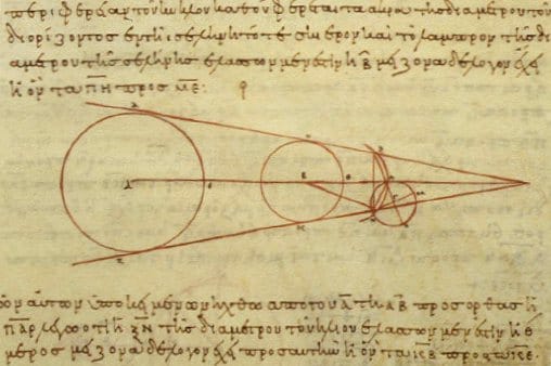 Aristarchus's 3rd-century BCE calculations on the relative sizes of (from left) the Sun, Earth and Moon, from a 10th-century CE Greek copy