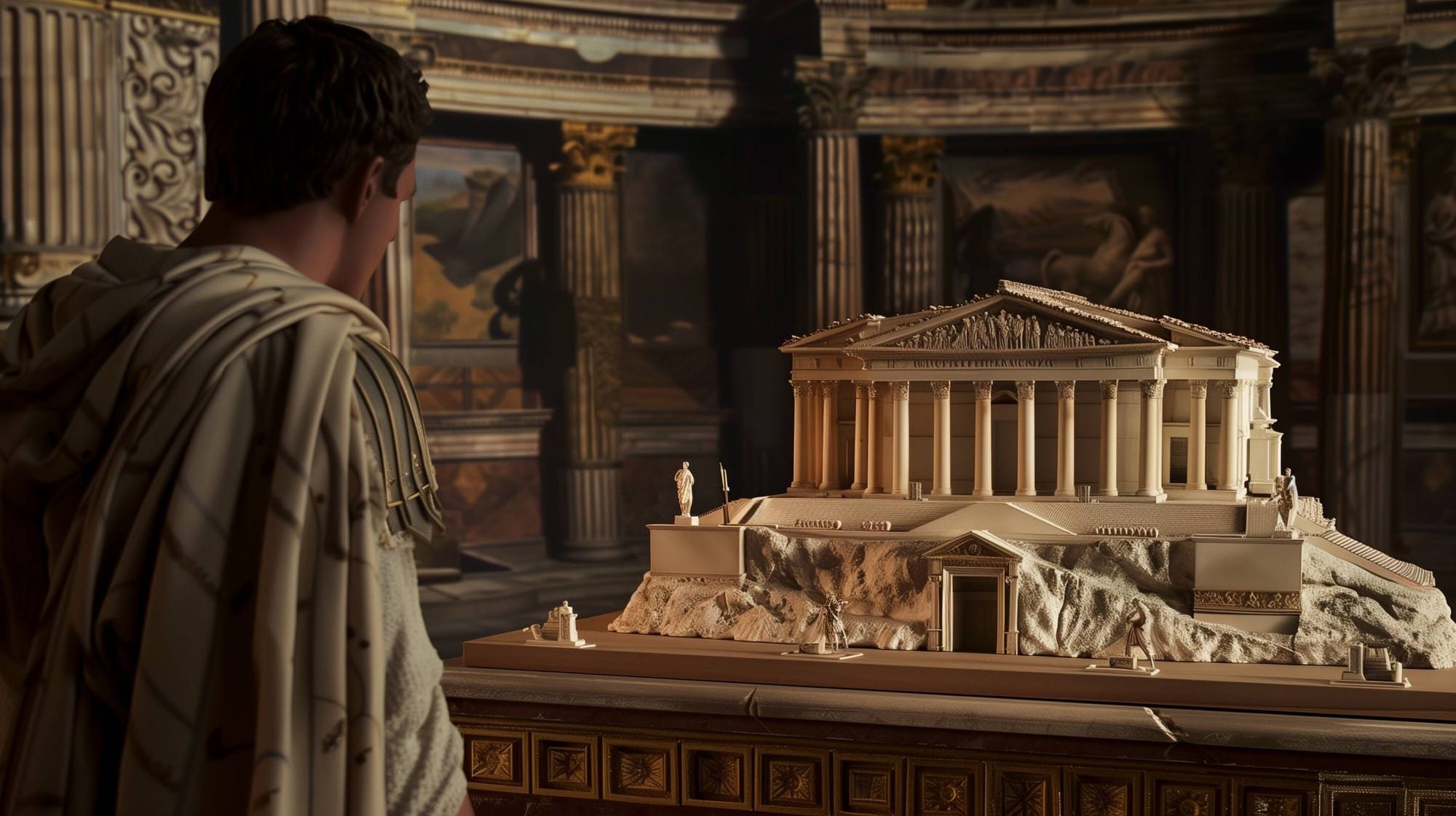 Emperor Augustus inspecting one of the cast models of the Temple of Mars Ultor