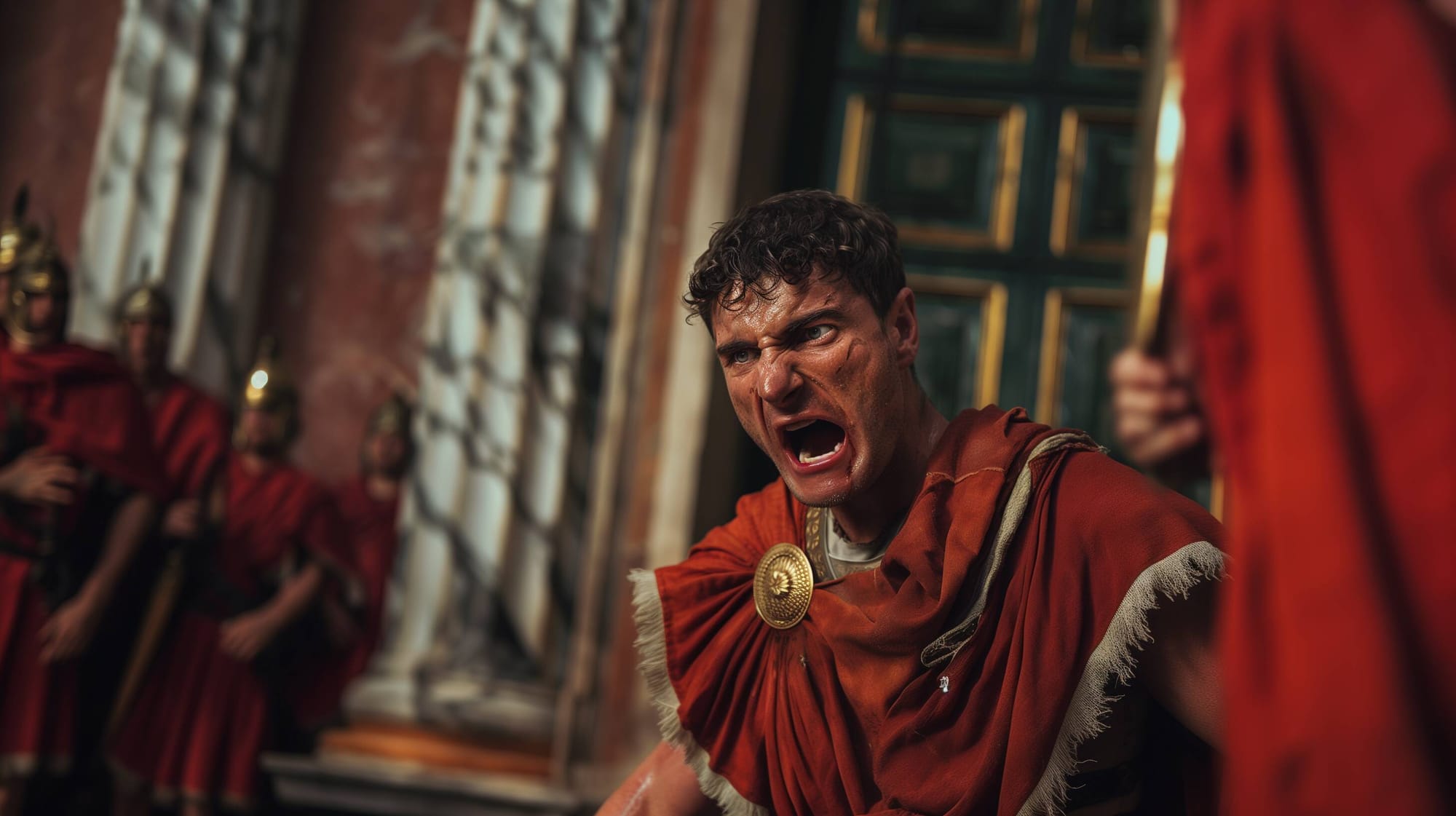 Mark Antony yelling as he’s being detained at the Senate House door, during the Ides of March