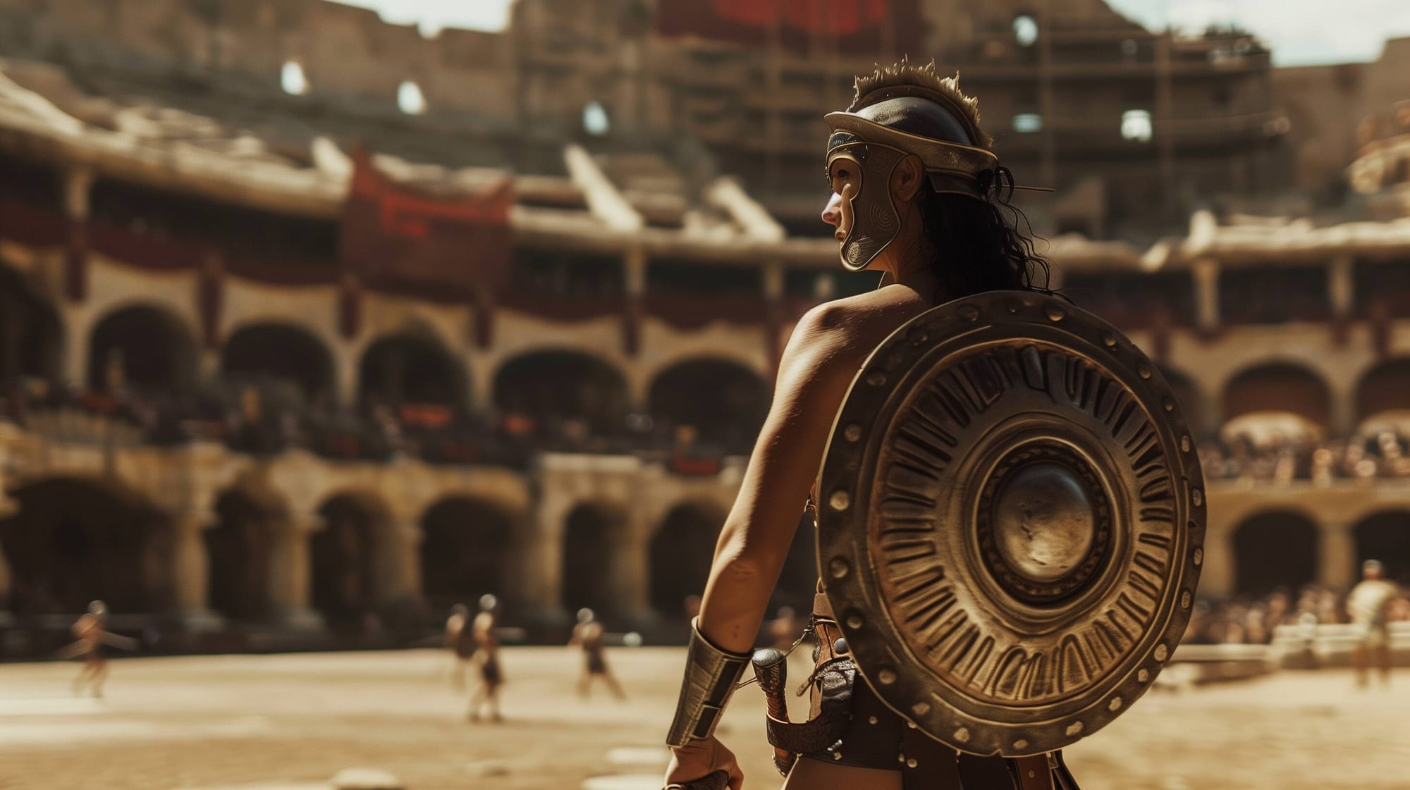 A Roman Gladiatrix (Female Gladiator) preparing herself mentally for the upcoming battle in the Arena