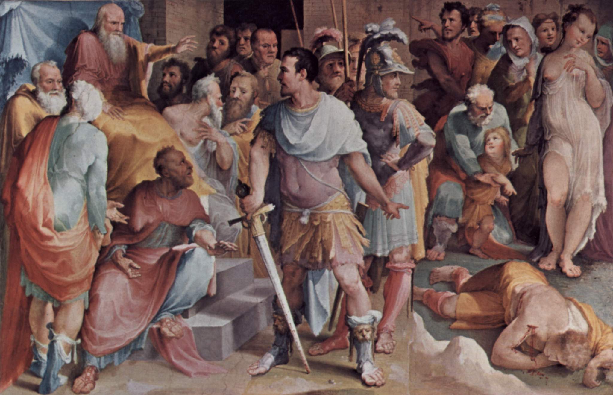 Ahala, master of the horse, presents the dead Melius to Cincinnatus the Dictator. 16th-century fresco by Domenico Beccafumi in Palazzo Pubblico, Siena