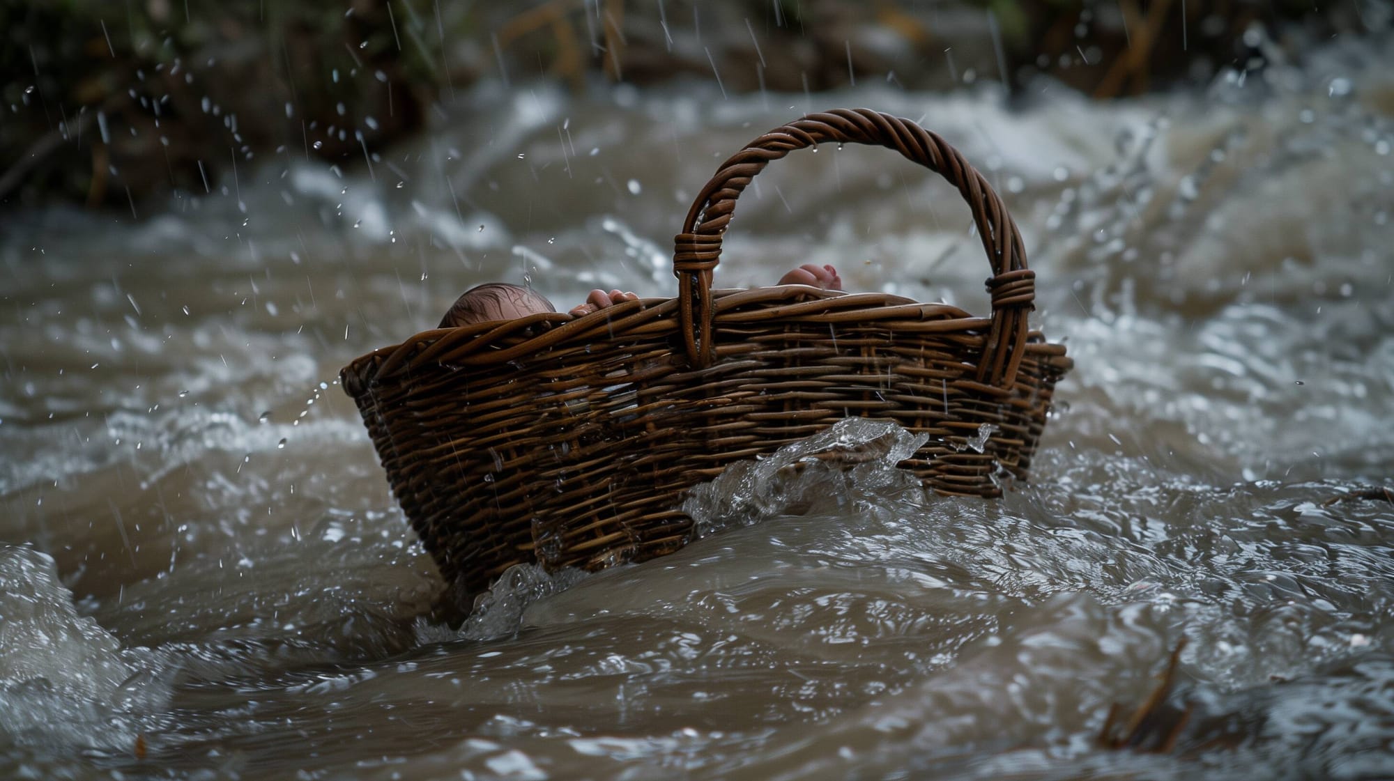 A dramatic representation of Romulus and Remus in the basket and the flooded waters of the Tiber river