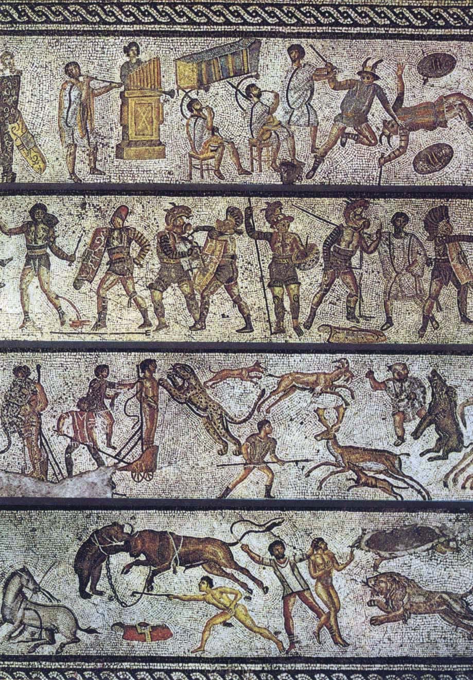 Mosaic showing Roman entertainments from the 1st century. Jamahiriya Museum, Tripoli, Libya. From Dar Buc Ammera villa (Zliten).