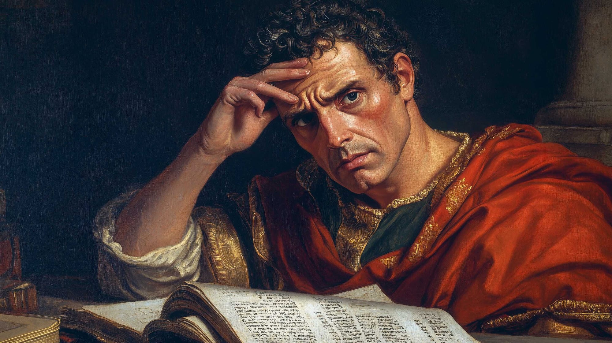 A painting of younger Cassius Dio deep in thought, as he is recording the historical facts with his critical style