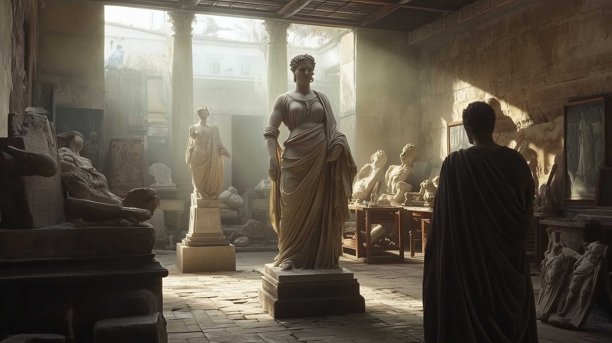 Emperor Augustus, inspecting a sculpture crafted for his wife, Empress Livia