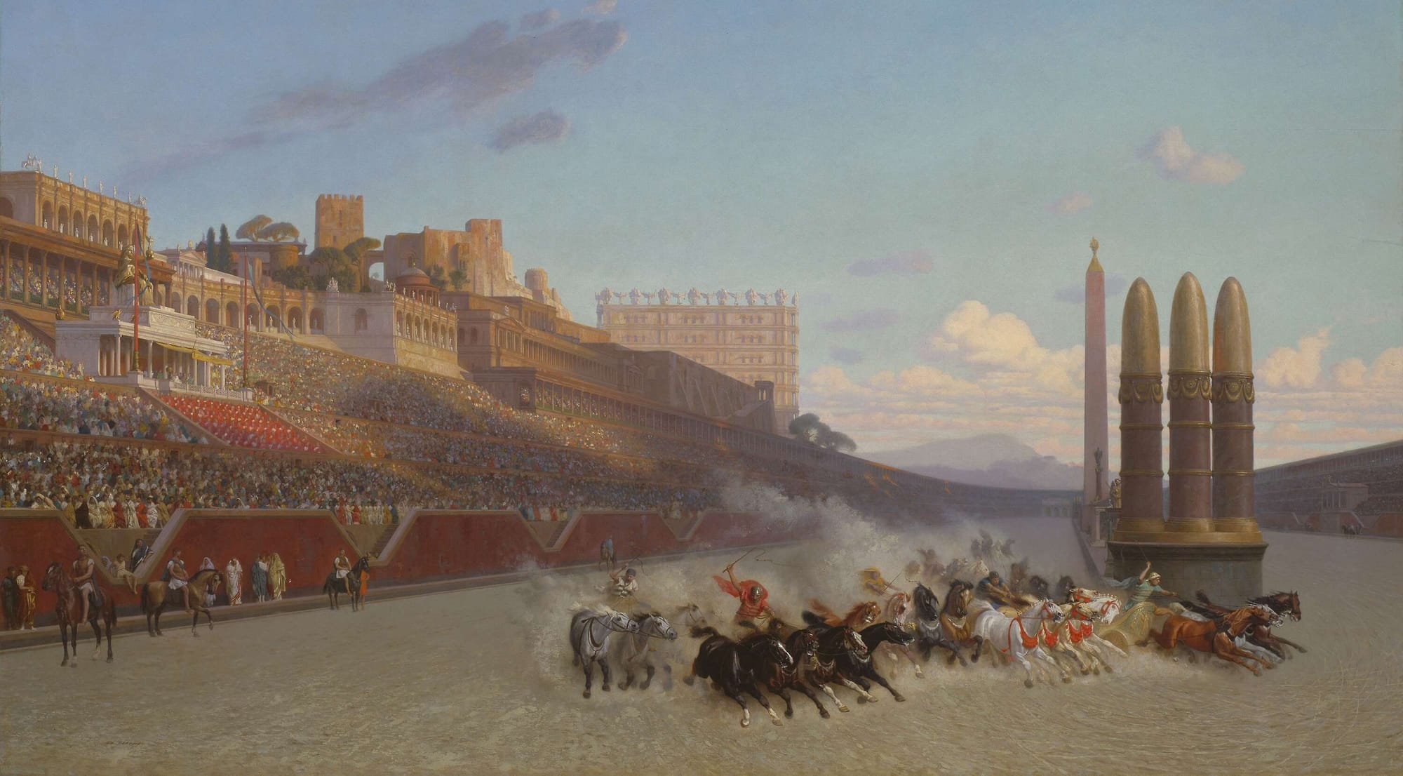 Modern depiction (1876) by Jean Léon Gérôme of a chariot race in Rome's Circus Maximus, as if seen from the starting gate. The Palatine Hill and imperial palace are to the left