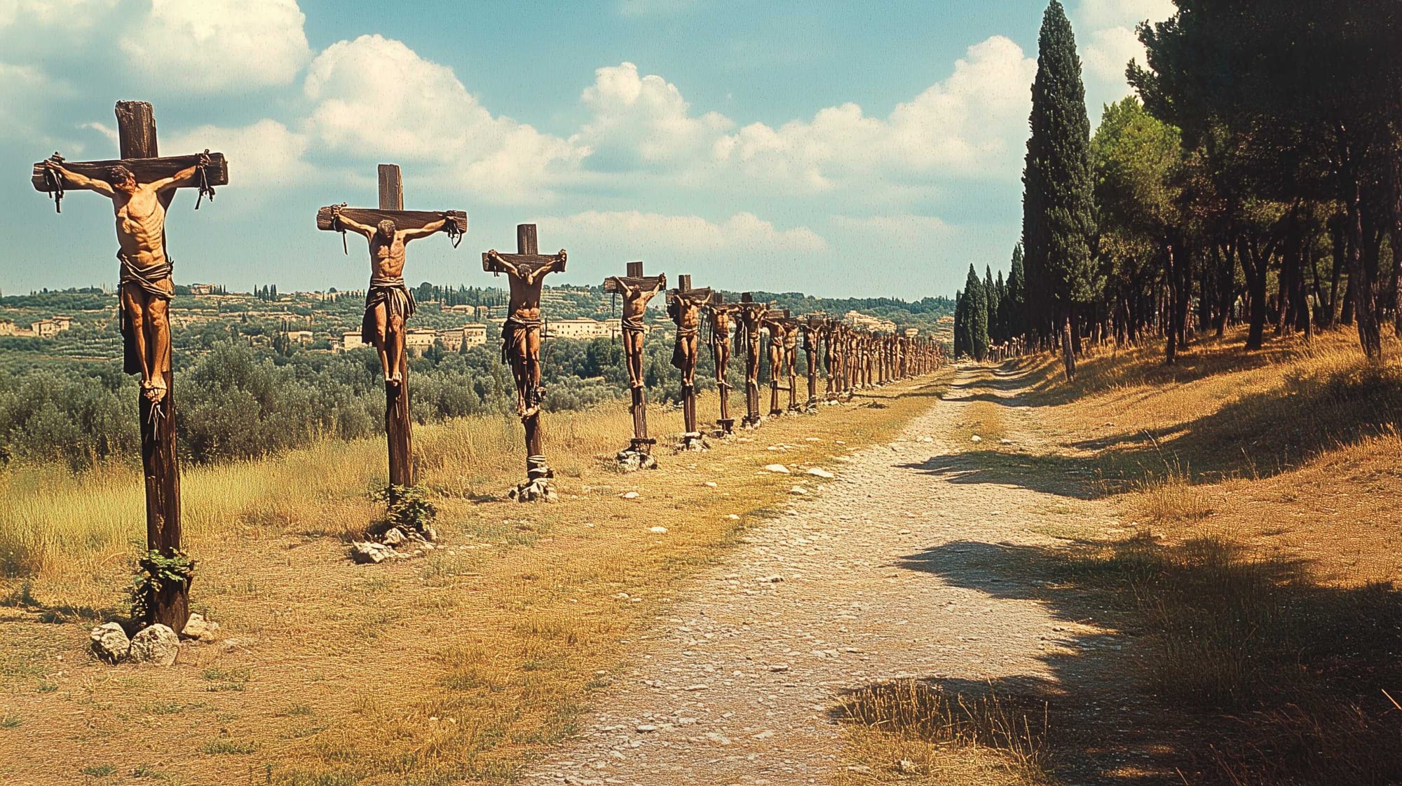 The line of 6,000 Spartacus’ crucified men, in the Roman Appian Way