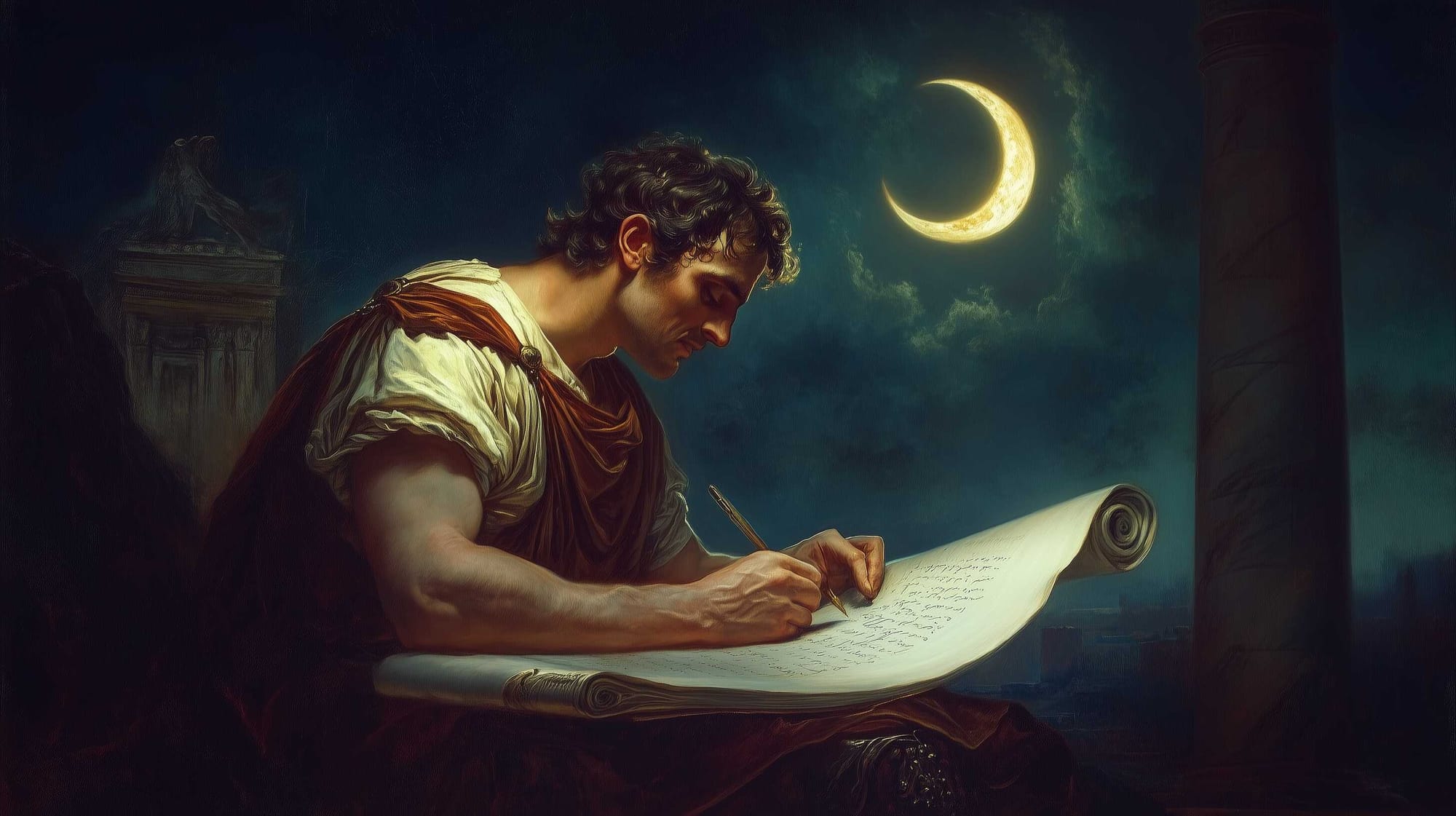 Varro writing his satire “Endymiones,” inspired by the crescent moon