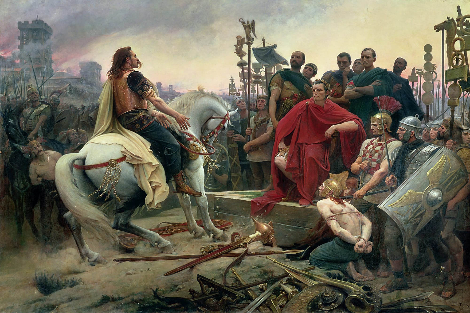 Vercingetorix throws down his arms at the feet of Julius Caesar, painting by Lionel Royer in 1899. Musée Crozatier, Le Puy-en-Velay, France.