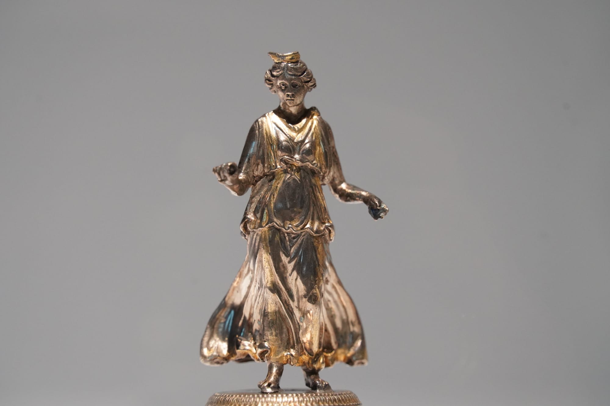 Statuette of the goddess Luna from the Macon treasure. The goddess is recognized thanks to her hat, a crescent of Moon. Originally, Luna held a torch in the right hand, which allowed her to see and know everything. 150-220 AD. Now in the British Museum, inv. 1824.0426.5. Picture taken at the Oog in oog met de Romeinen (Eye to Eye with the Romans) Exhibition in the Gallo-Romeins Museum of Tongres.