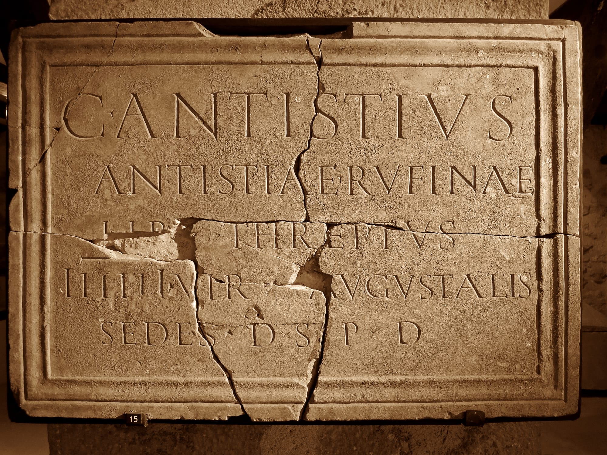 An inscription declaring that the freedman Gaius Antistius Threptus paid for the dedication "with his own money" 