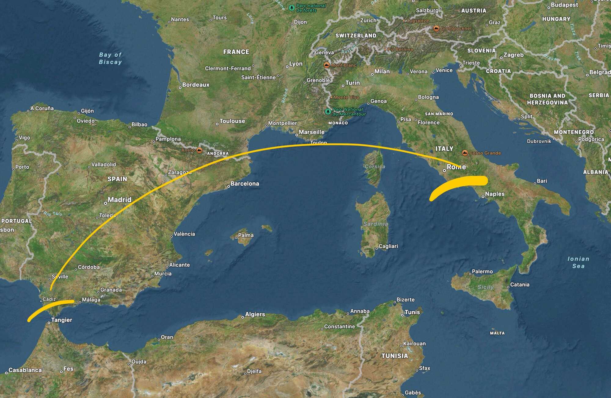 The distance between Gades (Cadiz) to Rome. 