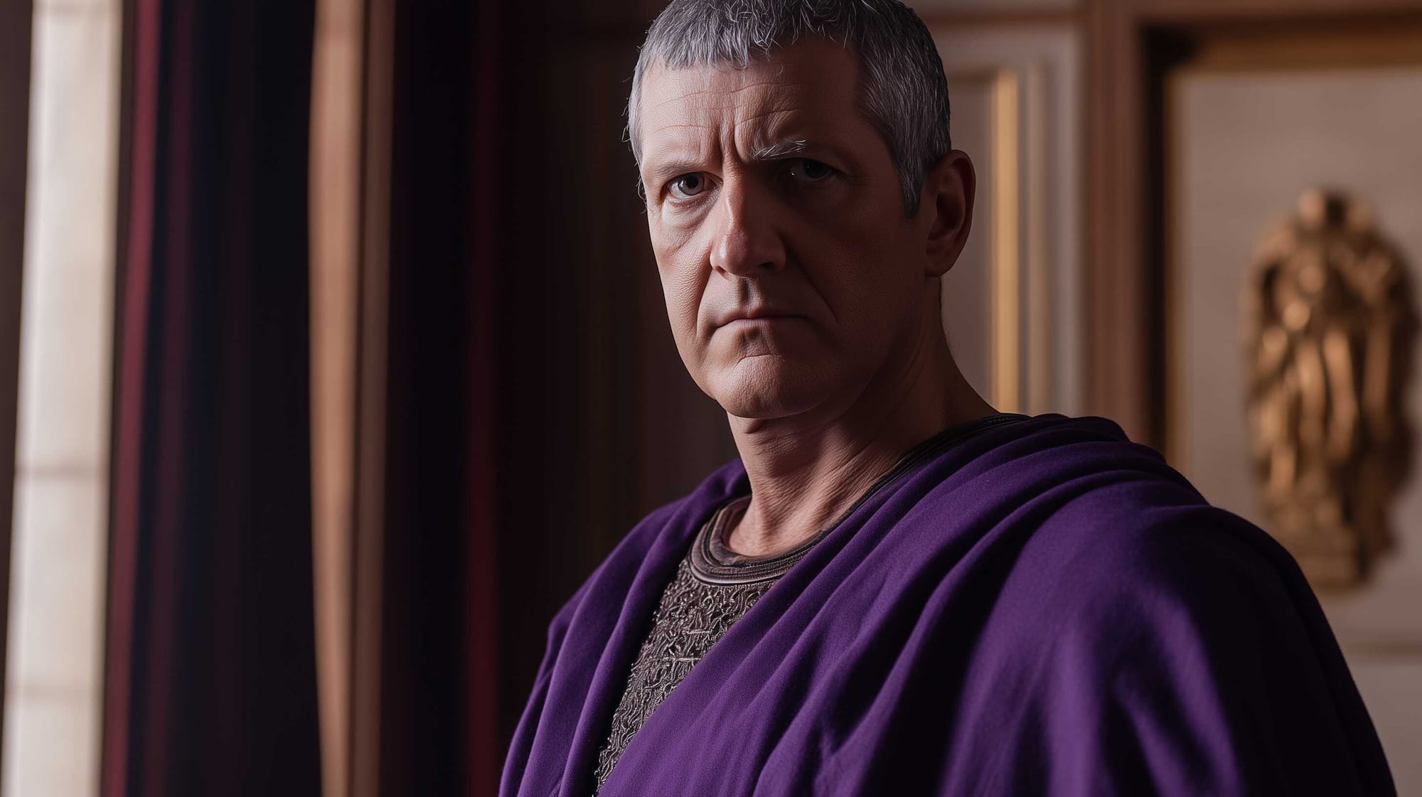 A representation of Cato the Younger, wearing his distinctive dark purple robes.