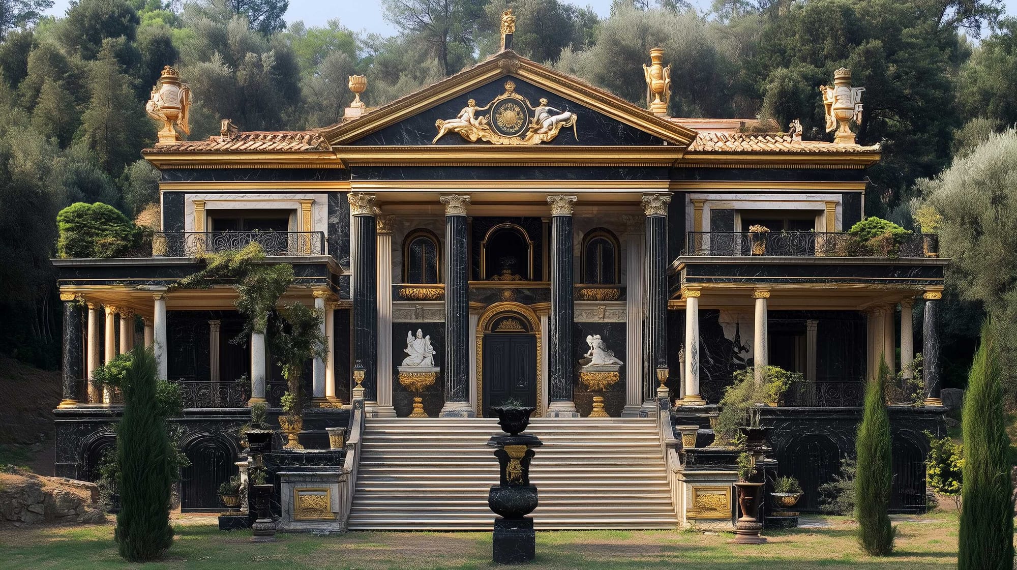 A possible representation of Lucullus’ famous Roman villa, adorned in black marble from Milos.