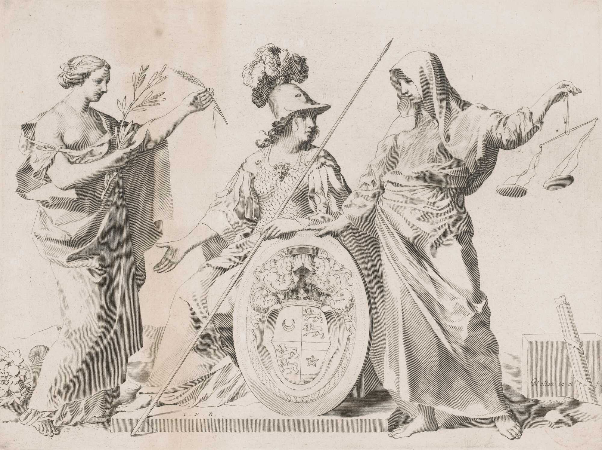 Peace, Minerva and Justitia at the coat of arms of Gallard and Mesmes