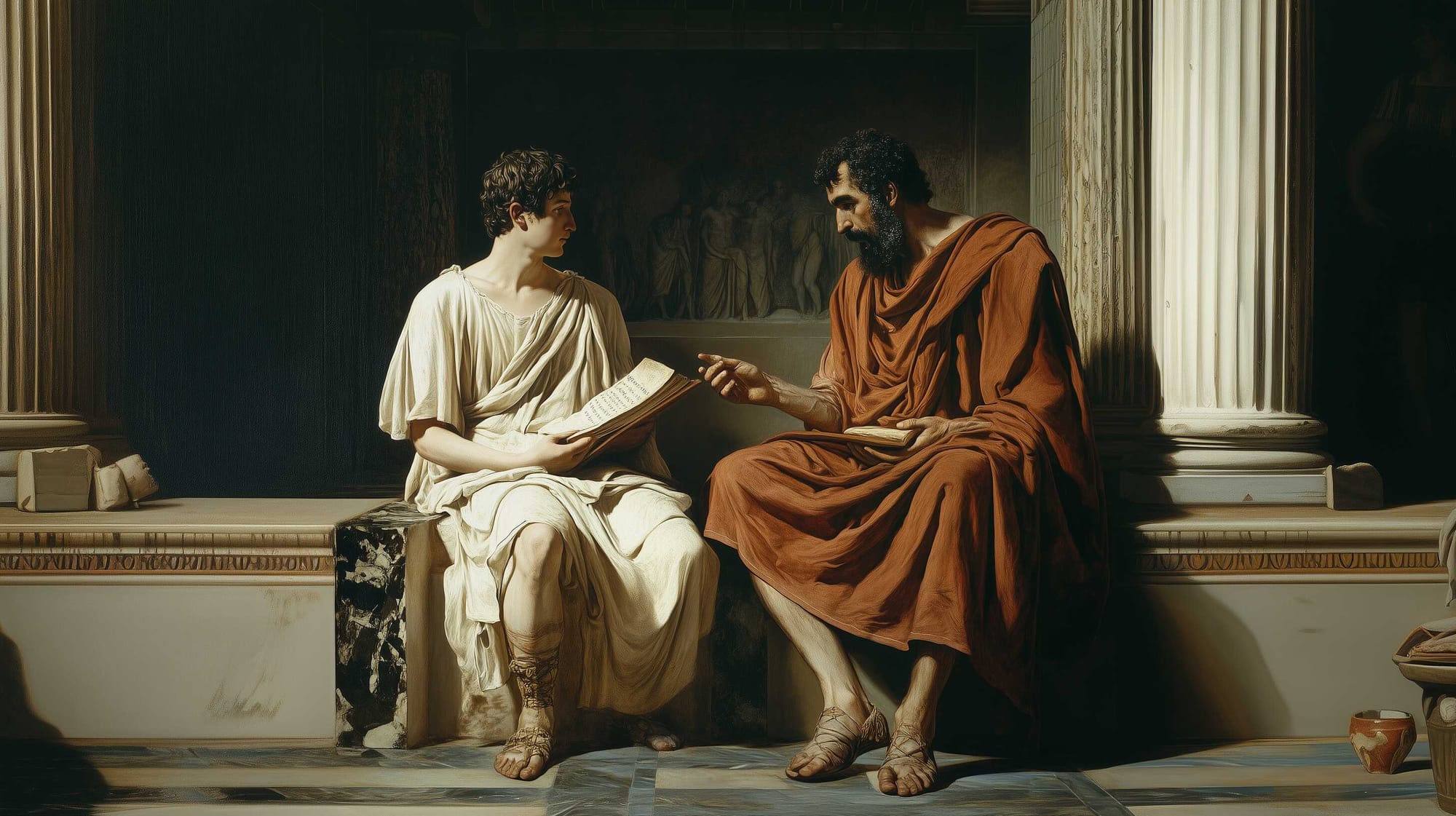 Polybius mentoring young Scipio Africanus, during his long term as a hostage.