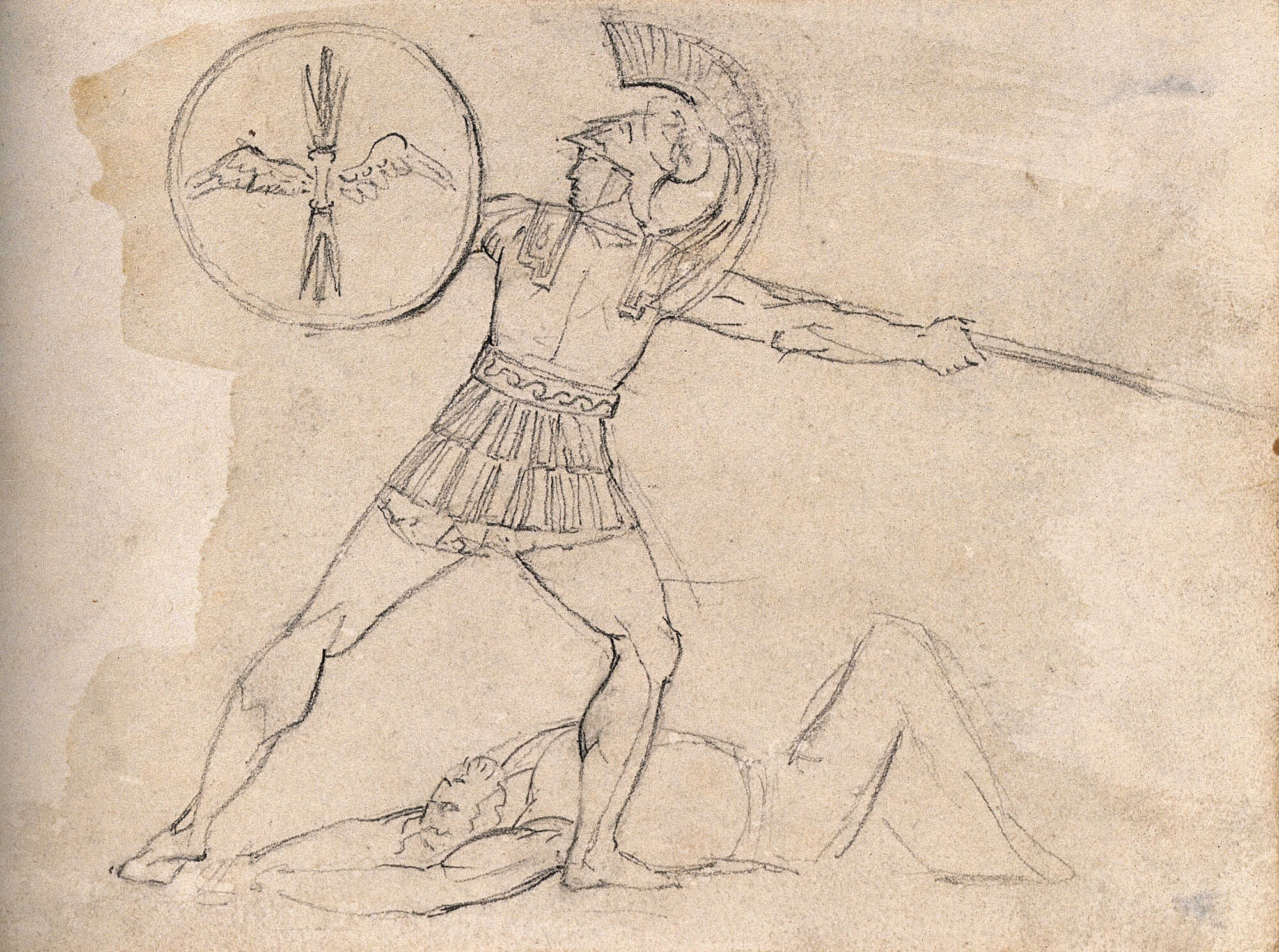 A Roman soldier throws a javelin over a dead body. Drawing, c. 1793.