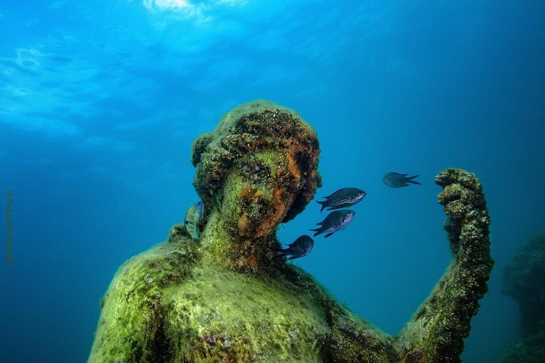 A statue underwater, in the submerged city of Baia, Italy.