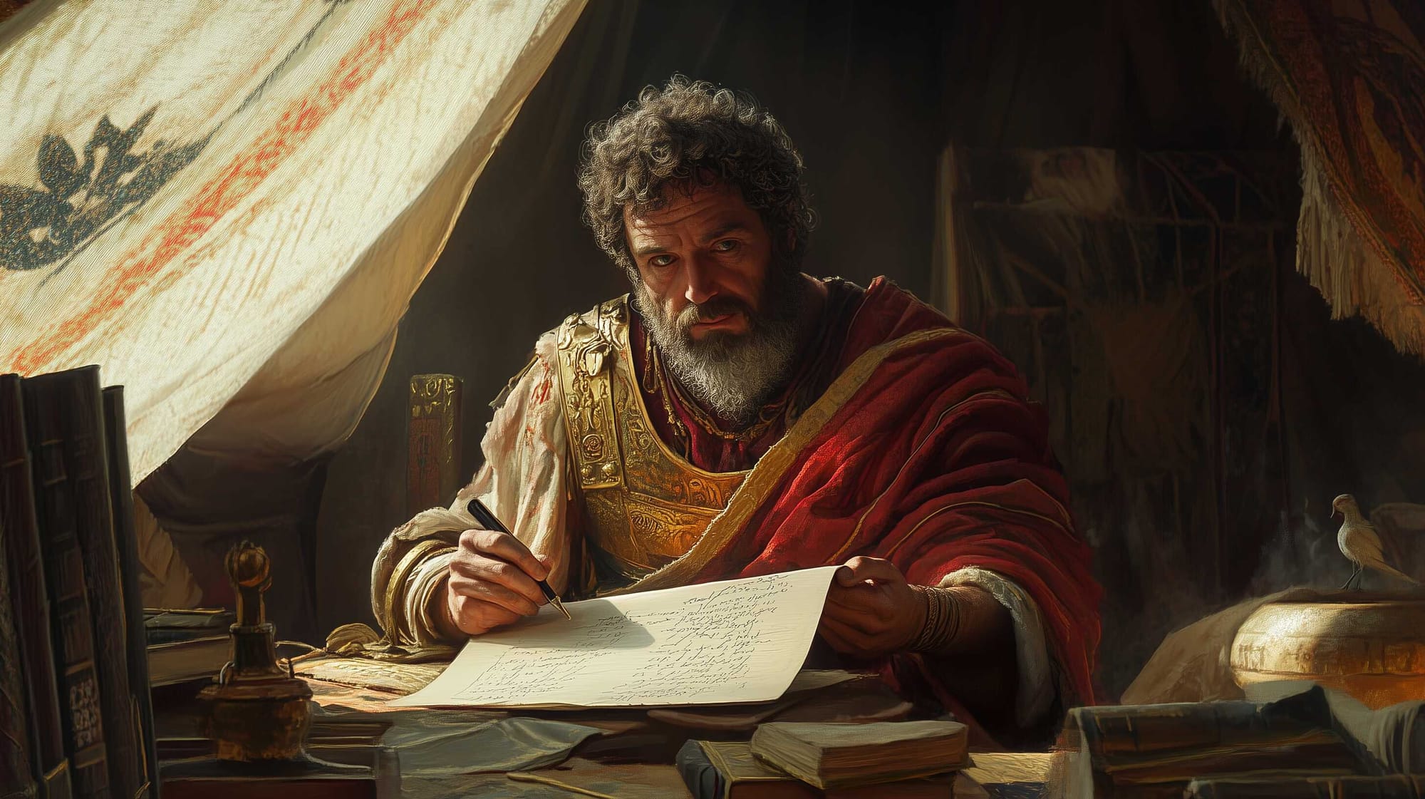 A possible representation of the stoic Roman Emperor Marcus Aurelius, in his war camp tent in Sirmium, writing his thoughts that later became, the Meditations. 