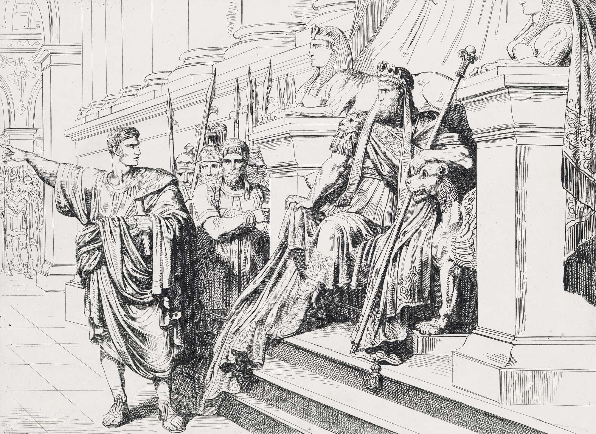 Appius Claudius sent by Lucullus, to Tigrane mighty King of Asia, not surprised by the theatrical apparatus of his Royal splendor, orders him to give him Mithridates to adorn the triumph of Lucullus, or that otherwise, he must declare War to himself