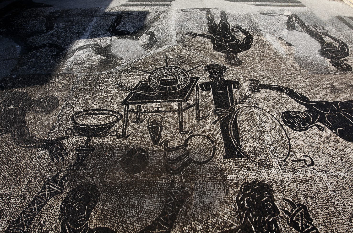 One of the most famous Roman mosaics depicting athletic activities, and a clear representation of a ball in its middle-left section, in Ostia, Baths of the Porta Marina.