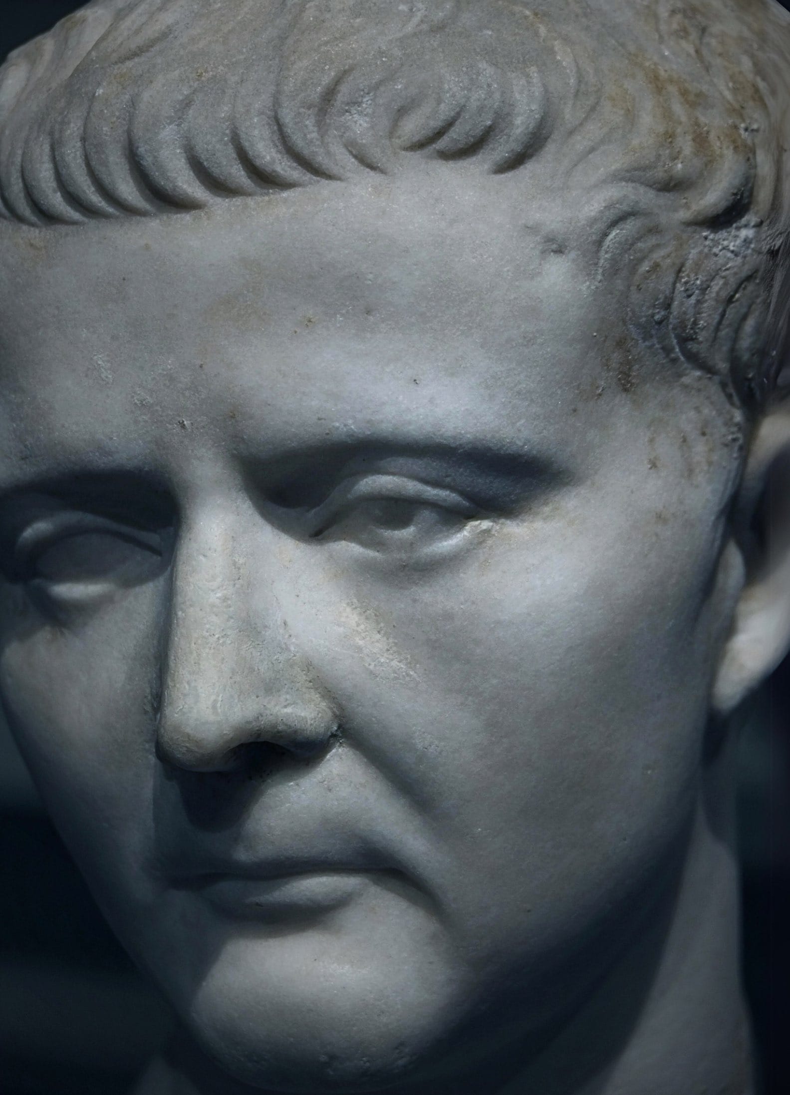 A closeup from a bust of Roman Emperor Tiberius.