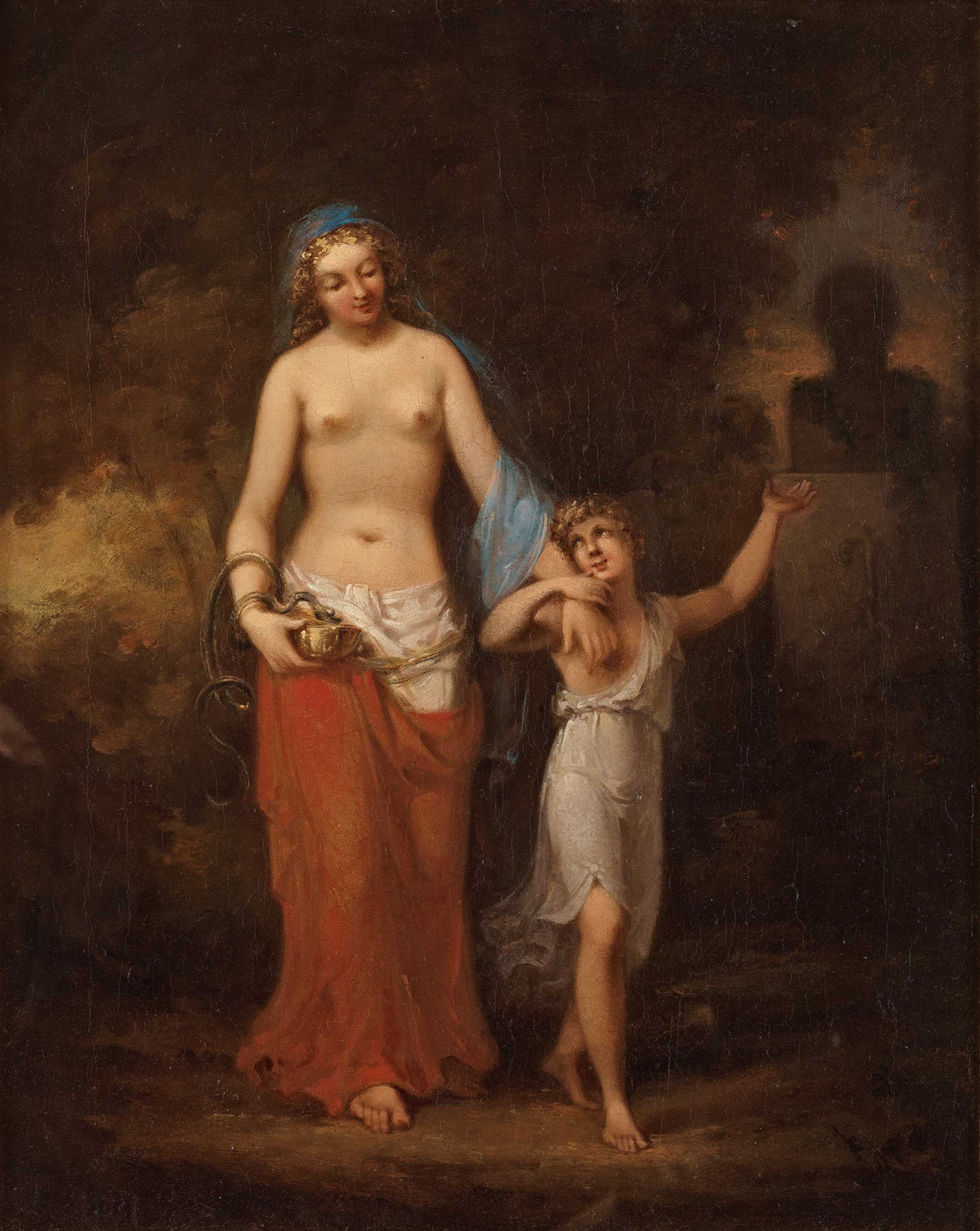 A painting of Caesarion (or Cupid) pointing his mother to a bust of his (unknown?) father.