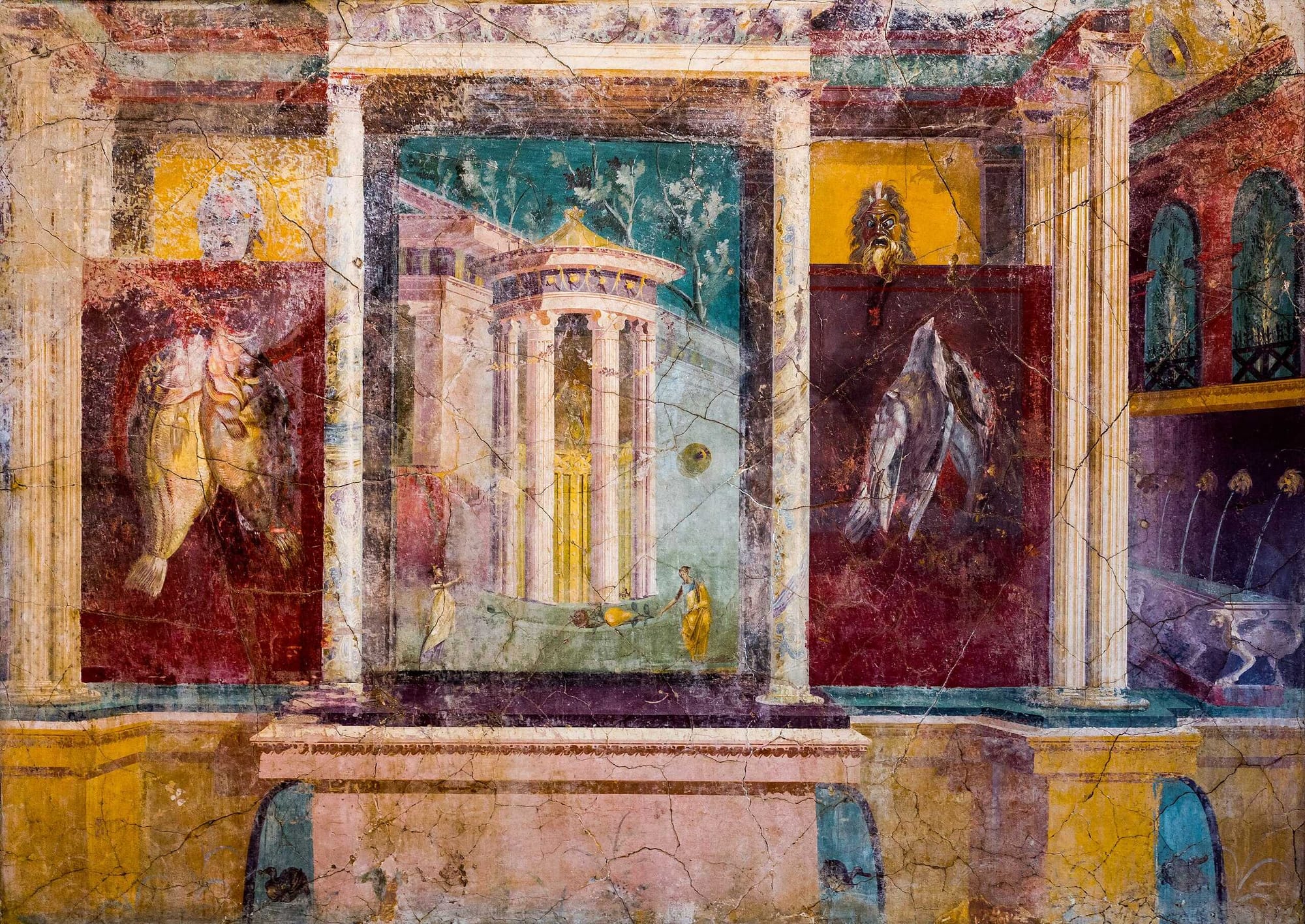 A fresco from the Insula Occidentalis in Pompeii, depicting a religious sanctuary. 