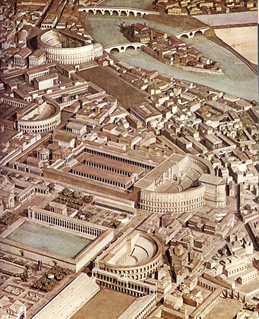 Model of the Campus Martius in about 300 BC. Above are the Tiber Island and the Theatre of Marcellus , already at the foot of the Capitoline Hill . Below, the Theatre of Balbus . In the center is the Theatre of Pompey and, below, the Odeon of Domitian.