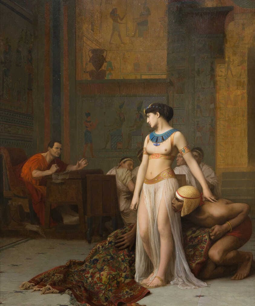 A painting of semi-nude Cleopatra (a common artistic subject) and Caesar, by Jean-Leon-Gerome. 