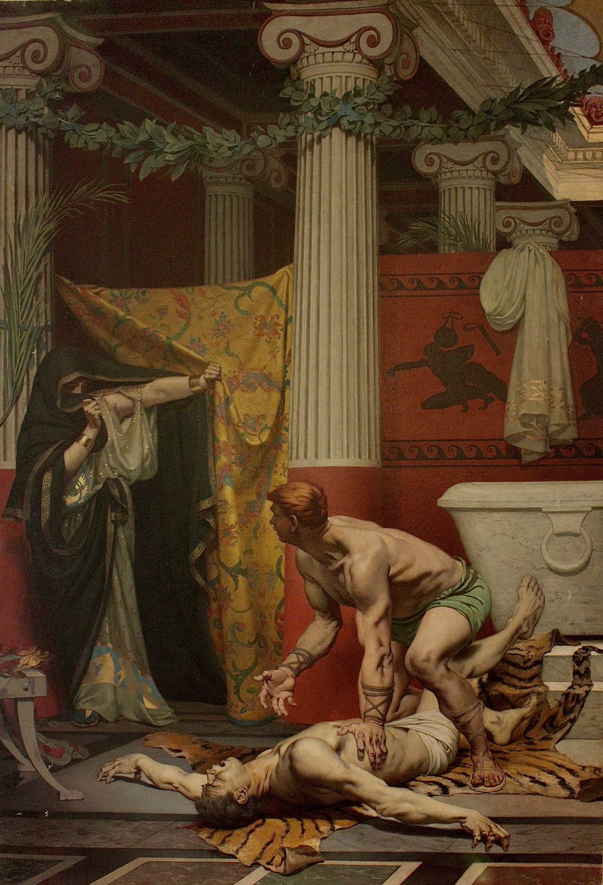 A painting by Fernand Pelez, depicting the death of Commodus from the hands of Narcissus, while Marcia is watching