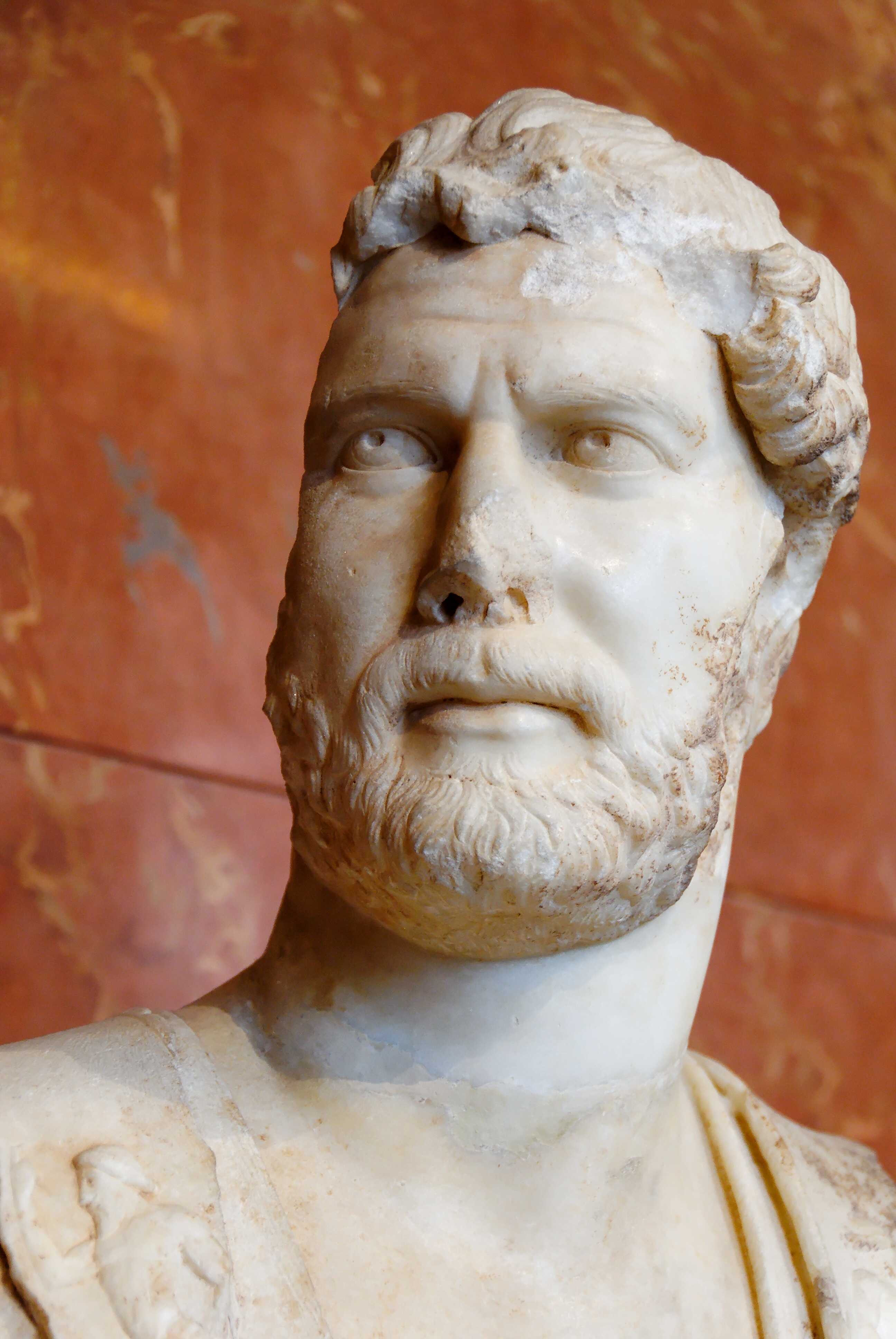 Emperor Hadrian in armour, wearing the gorgoneion. Marble, Roman artwork, ca. 127–128 CE. From Heraklion, Crete.